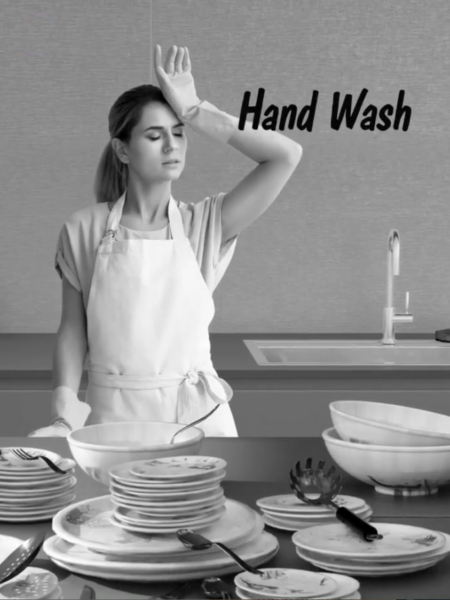 A woman suffering from a headache from having to wash all the dishes by herself