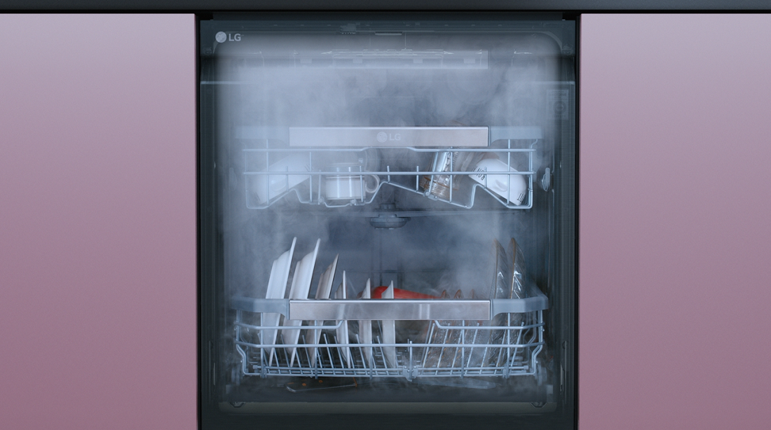 Dishes being steamed inside LG's dishwasher