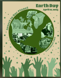 A promotional image of the Earth Day with pictures of polar bears, windmills, birds and people in the illustration of the Earth