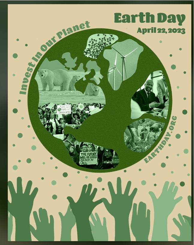 A promotional image of the Earth Day with pictures of polar bears, windmills, birds and people in the illustration of the Earth
