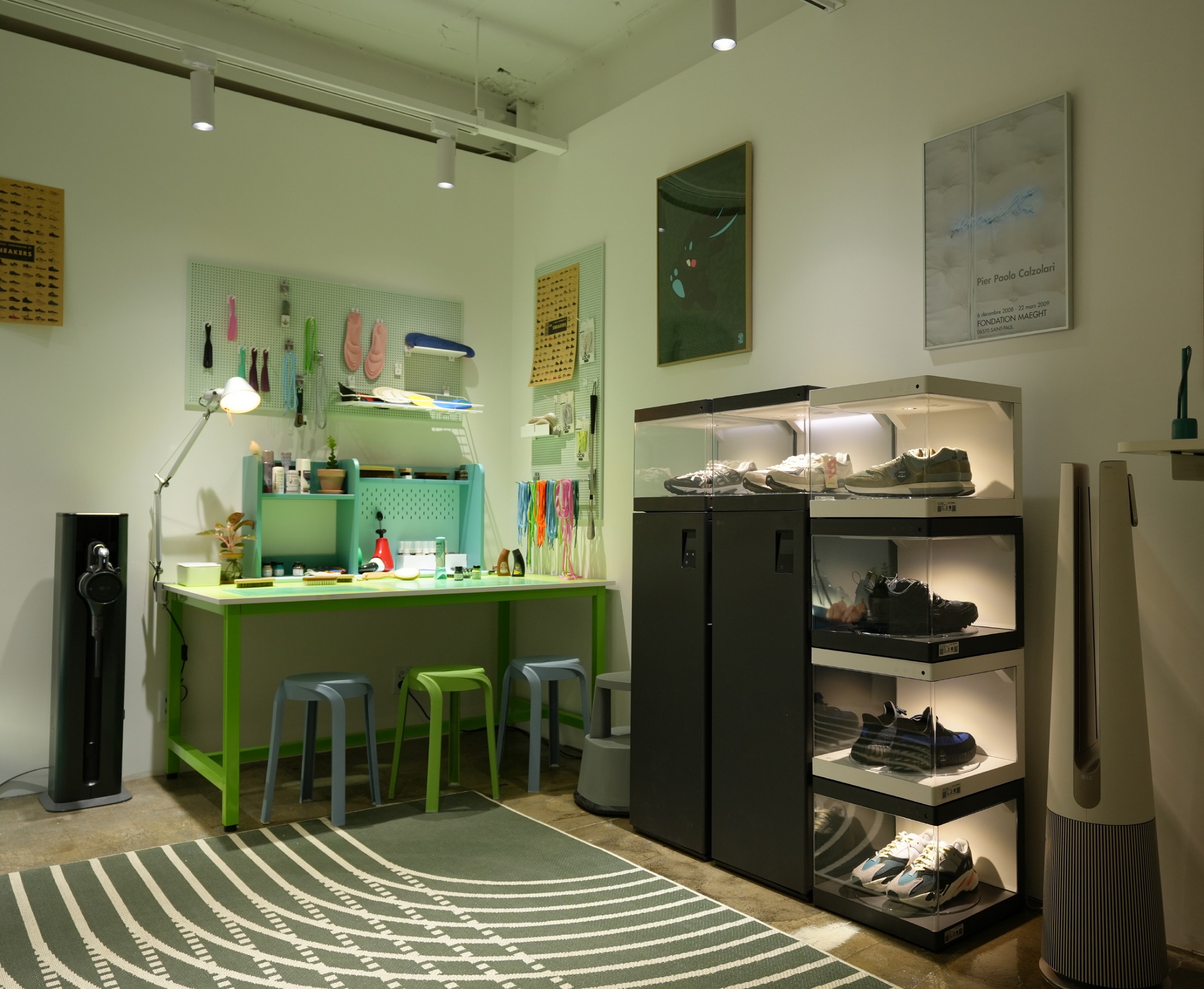 A corner of LG's "Another Style" pop-up booth decorated with LG Styler ShoeCare and ShoeCase