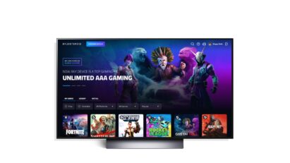 LG Smart TV showing the Boosteroid cloud gaming home screen with the phrase ‘Unlimited AAA Gaming’