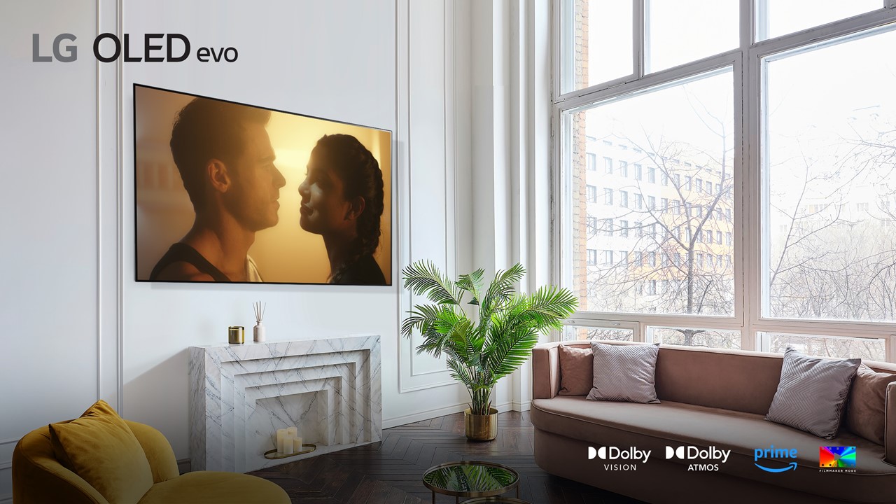 A wall-mounted LG OLED evo TV displaying the Citadel TV series in a neatly organized, modern living room