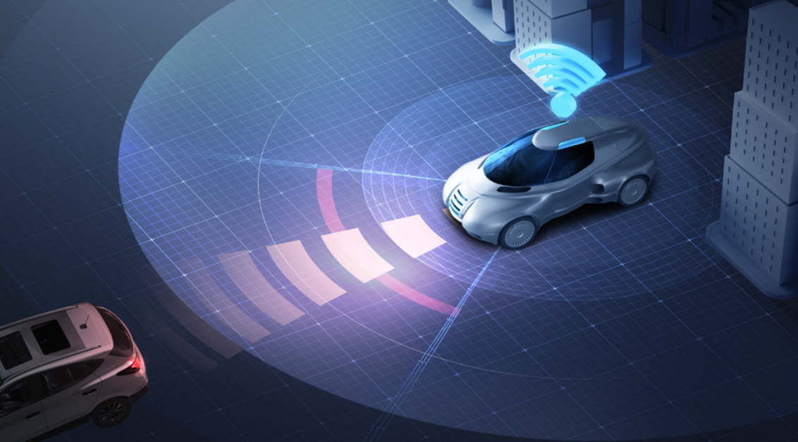 An illustration of a future automobile with a wi-fi signal on its top