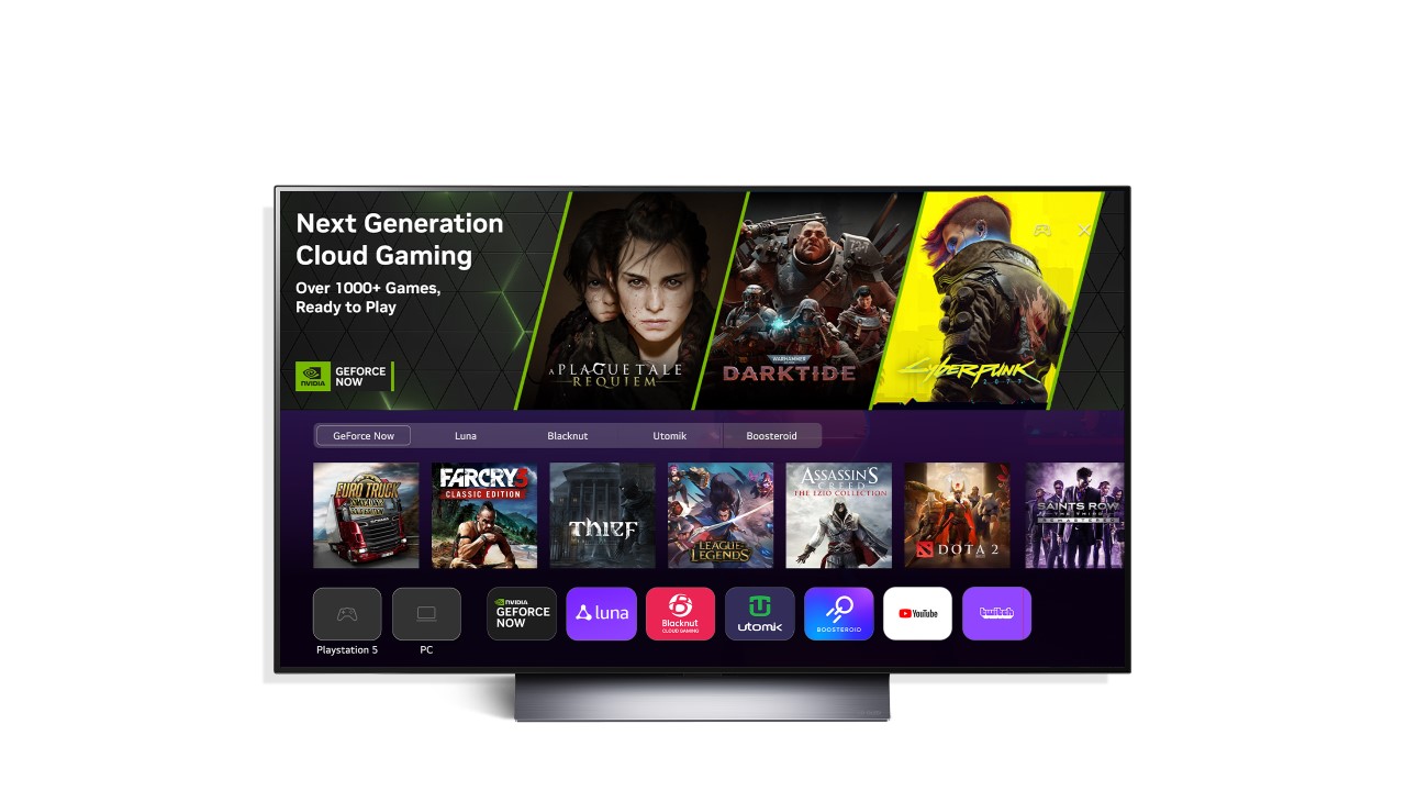 LG Smart TV showing the NVIDIA GeForce NOW home screen, which offers a variety of cloud gaming options including Cyberpunk and League of Legends