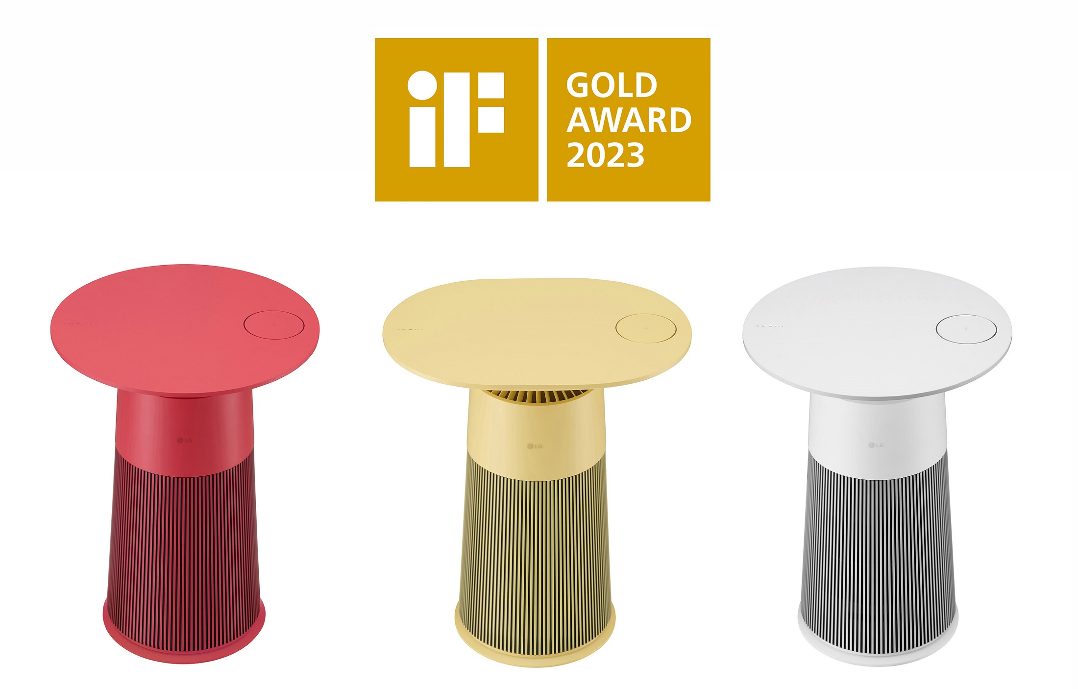 LG Aero Furniture in three different colors with iF Design Award's Gold Award 2023 logo on the top