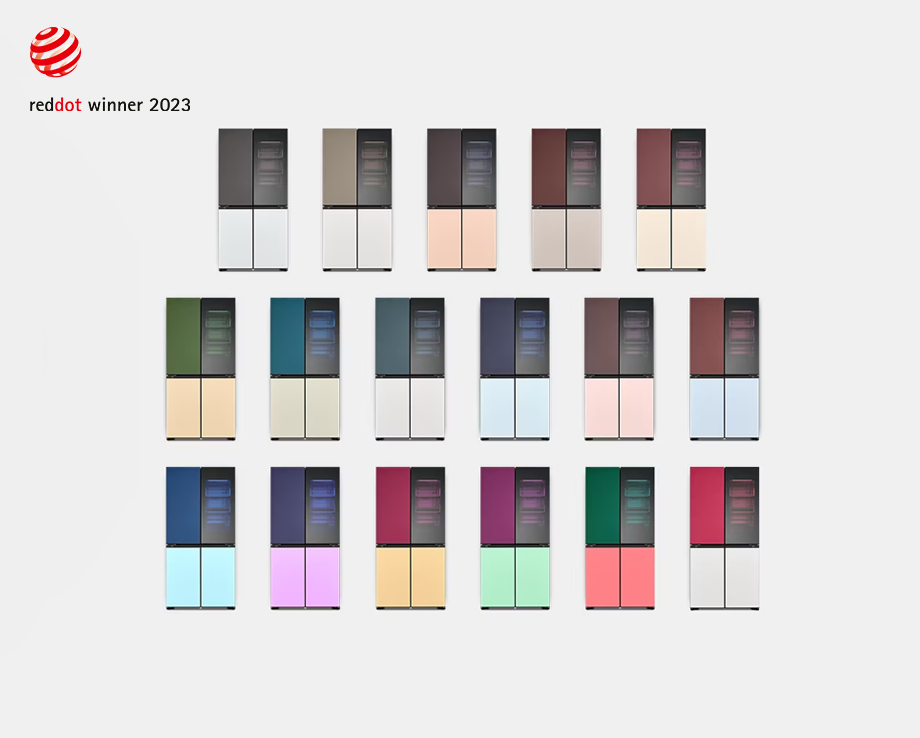 An image of fifteen MoodUP refrigerators styled in different colors with a logo of Red Dot Award at the top left corner