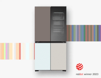 A gif of LG MoodUP refrigerator with a logo of Red Dot Award at the bottom right corner