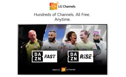 A promotional image for LG Channels displaying the DAZN streaming sports channels with the phrase ‘Hundreds of Channels. All Free. Anytime’ above