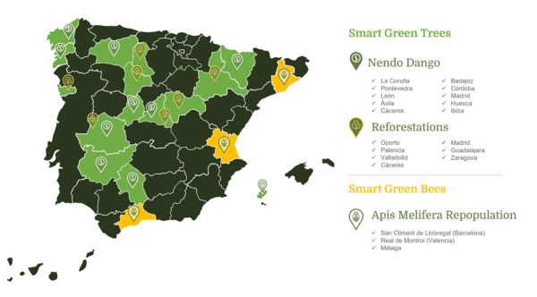 Map of Spain with Smart Green Trees project locations in green and Smart Green Bees in yellow