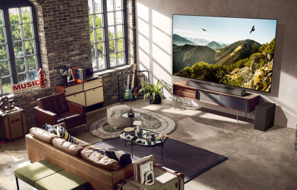 A 2023 LG OLED evo TV in a neatly organized living room with a variety of furniture