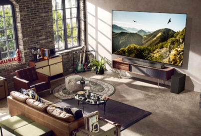 A 2023 LG OLED evo TV in a neatly organized living room with a variety of furniture