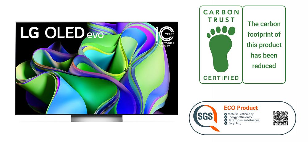 An image showing LG OLED evo TV alongside its SGS and Carbon Trust certification marks