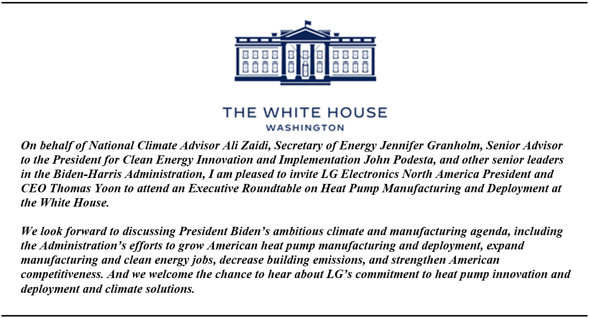 An invitation to White House Roundtable prepared for LG