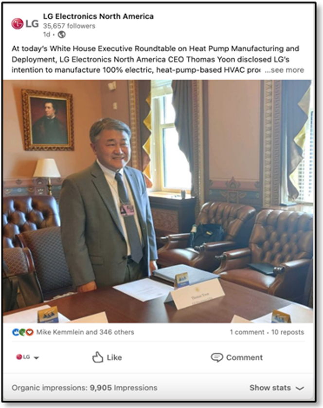 An instagram post of LG Electronics North America with a photo of CEO Thomas Yoon taken during the White House Roundtable