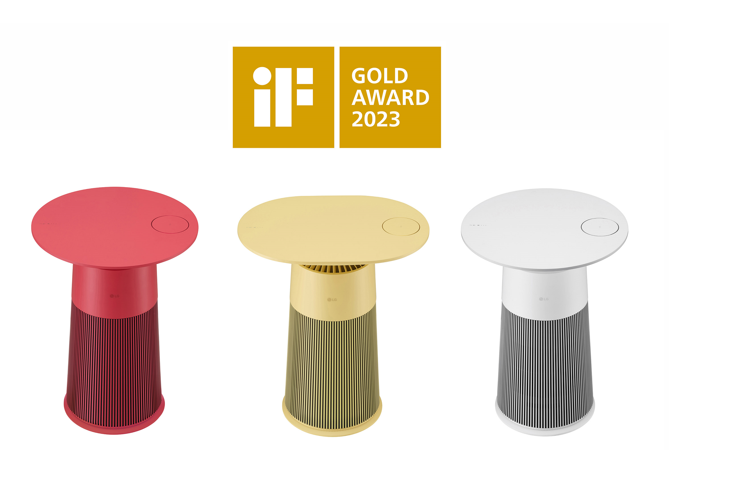 LG Aero Furniture in three different colors with iF Design Award's Gold Award 2023 logo on the top