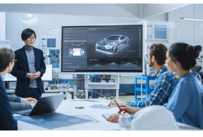 A team having a meeting at the office with a picture of automobile displayed on a screen