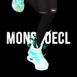 A gif of a running feet with a word 'MONSHOECL' in the background