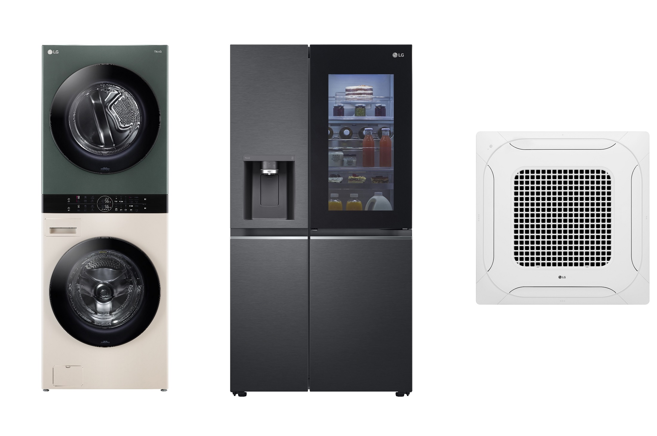 The picture of the LG WashTower Objet Collection, InstaView refrigerator and Dual Vane (From the Left)