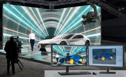 LG MAGNIT synchronized with two monitors in a virtual production studio