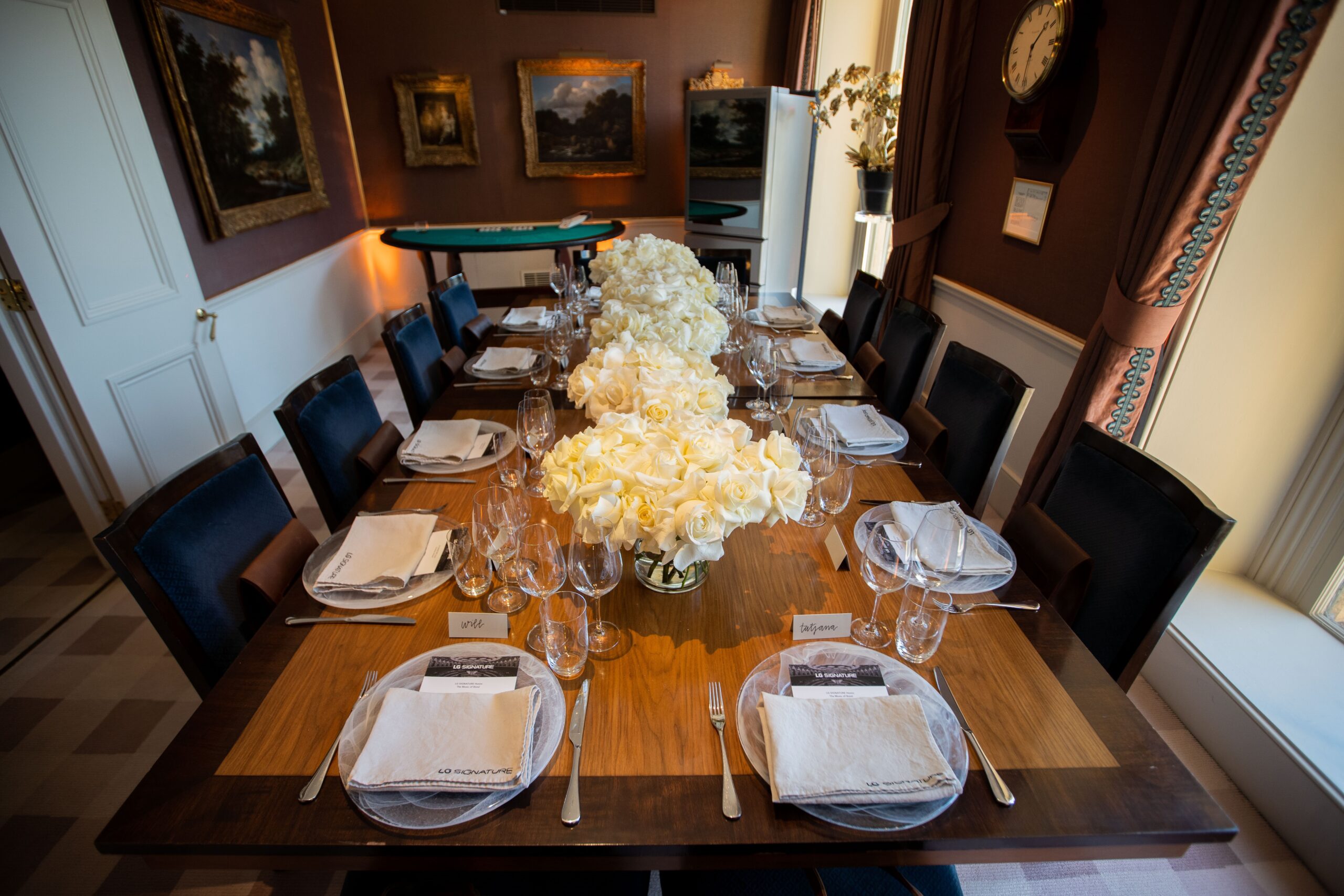 A dinner table prepared for journalists attending the LG SIGNATURE experience event