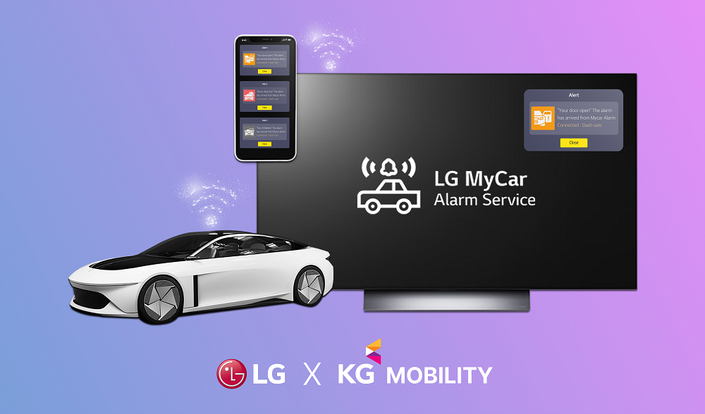 An image of a car and a monitor which displays the phrase "LG MyCar Alarm Service"