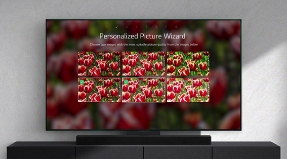 LG TV displaying a bunch of tulips with a phrase 'Personalized Picture Wizard'