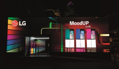 The photo of LG’s ‘MoodUP™, by LG’ activation LED wall with the LG InstaView fridges with MoodUP at Vivid Sydney 2023