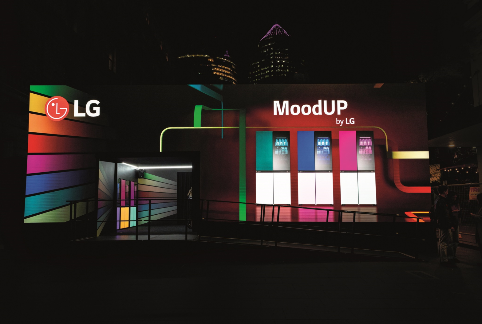 The photo of LG’s ‘MoodUP™, by LG’ activation LED wall with the LG InstaView fridges with MoodUP at Vivid Sydney 2023