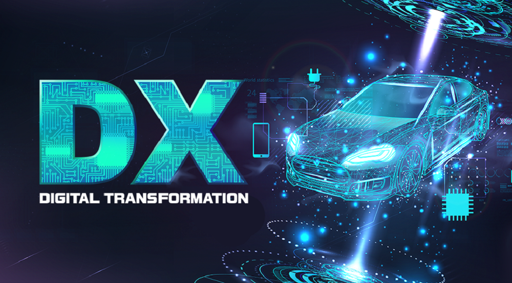 An illustration of an automobile outlined with a bright blue light on the right and "DX DIGITAL TRANSFORMATION" phrase on the left
