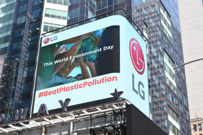 A video highlighting LG's commitment to convert to 100 percent renewable energy displayed on a digital billboard at New York’s Times Square