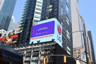 A video highlighting LG's commitment to convert to 100 percent renewable energy displayed on a digital billboard at Times Square, New York