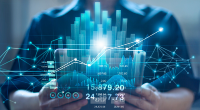 An illustration of a human holding a smartphone where various graphs and charts are popping out