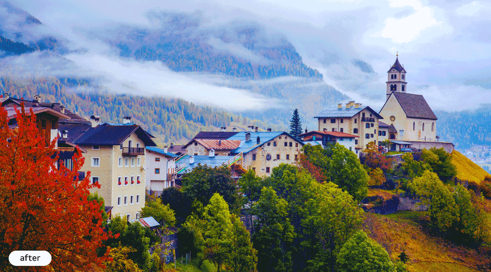 Two alternating images of a colorful mountain village surrounded by autumn trees to compare the before and after results of using Personalized Picture Wizard