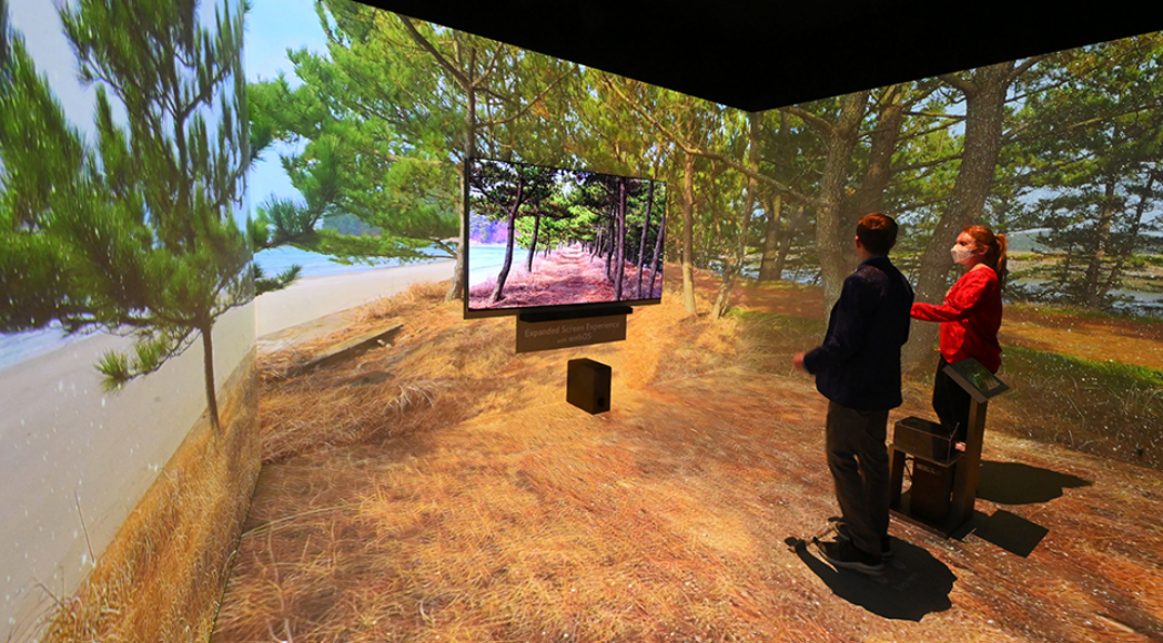 Two visitors experiencing Smart Mat Technology which allows them to enjoy their virtual walk in the woods