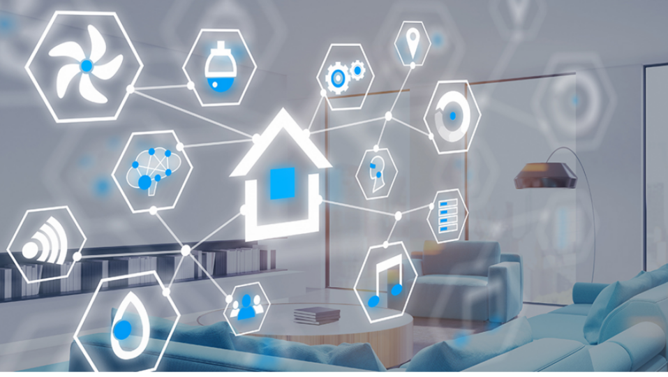 Various icons are connected with lines and a photo of a living room is in the background