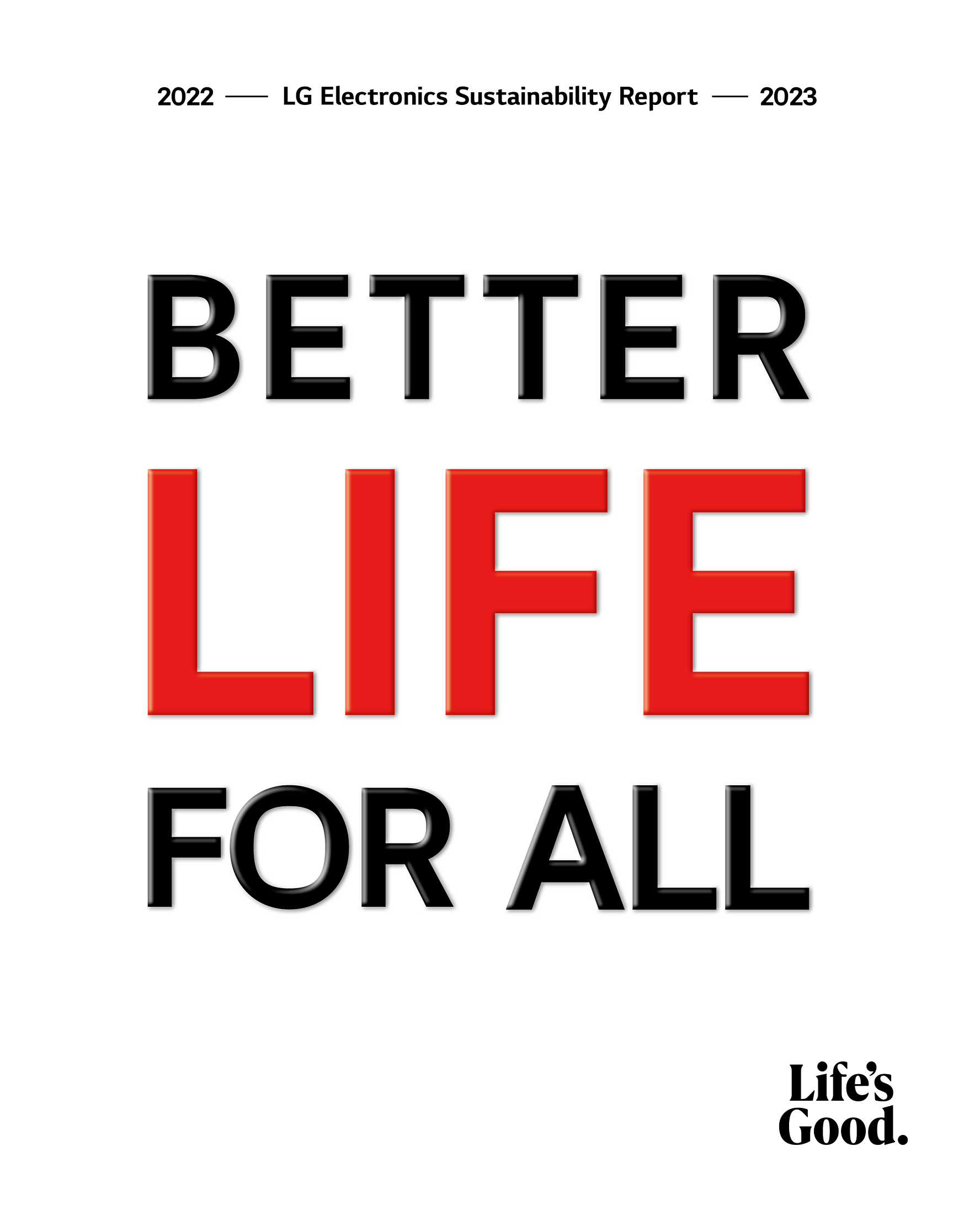 An illustration of a book titled 'BETTER LIFE FOR ALL' containing LG's ESG-related actions
