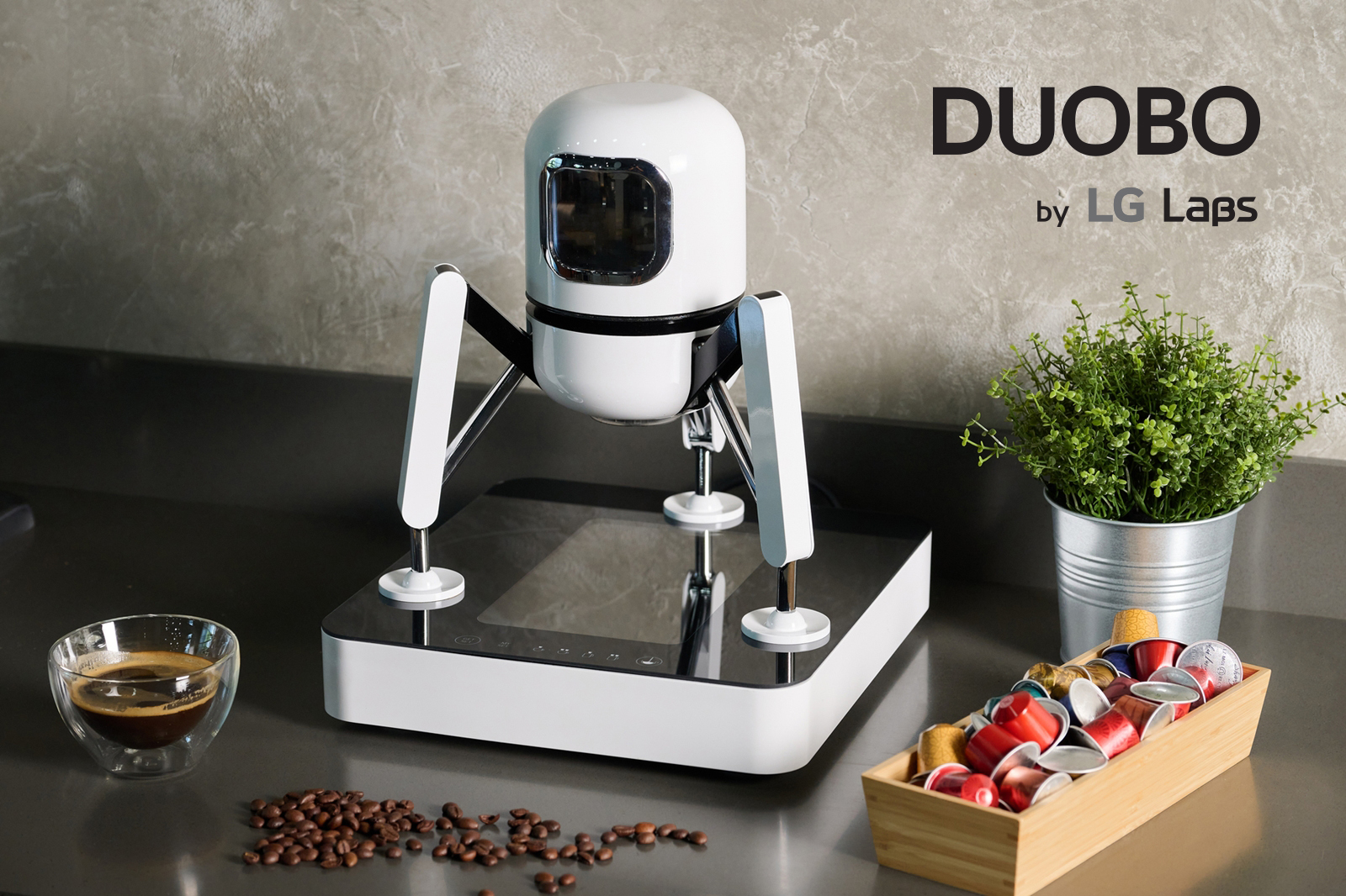 DUOBO by LG Labs with various coffee capsules on its side