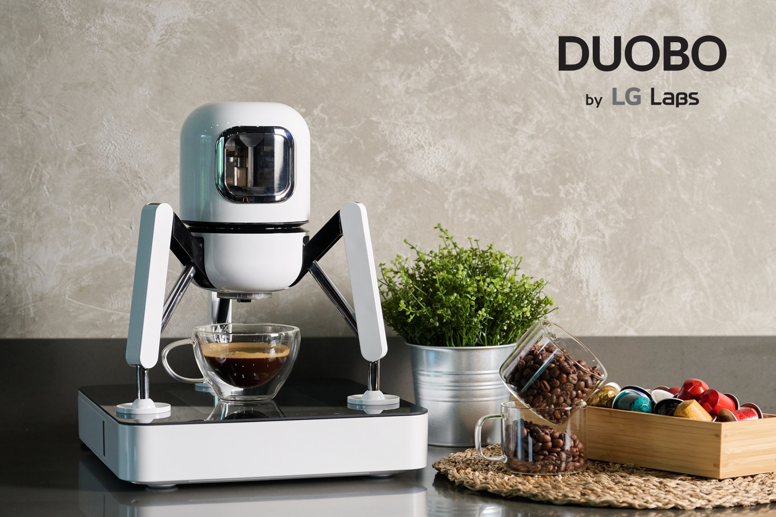 DUOBO by LG Labs brewing a cup of coffee