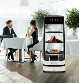 LG CLOi ServeBot serving food in a restaurant