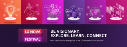 A promotional image of LG NOVA Innovation Festival with six different illustrations: a lightbulb, a house with a human, a human finger pointing at a circle, a heart, Earth and multiple screens displaying diverse information. There is also a phrase, 