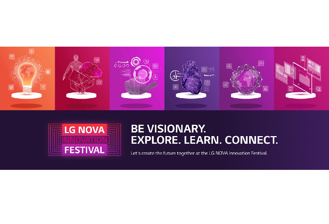A promotional image of LG NOVA Innovation Festival with six different illustrations: a lightbulb, a house with a human, a human finger pointing at a circle, a heart, Earth and multiple screens displaying diverse information. There is also a phrase, "BE VISIONARY, EXPLORE. LEARN. CONNECT."