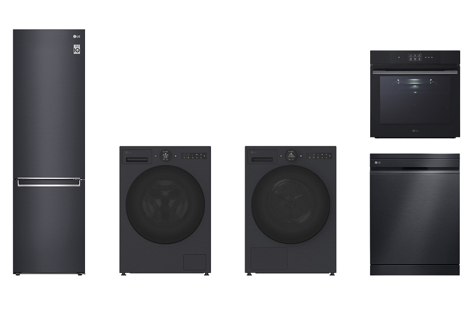LG home appliances offering top-rated energy efficiency (from left, LG bottom freezer refrigerator, washing machine, tumble dryer, InstaView™ Oven and dishwasher