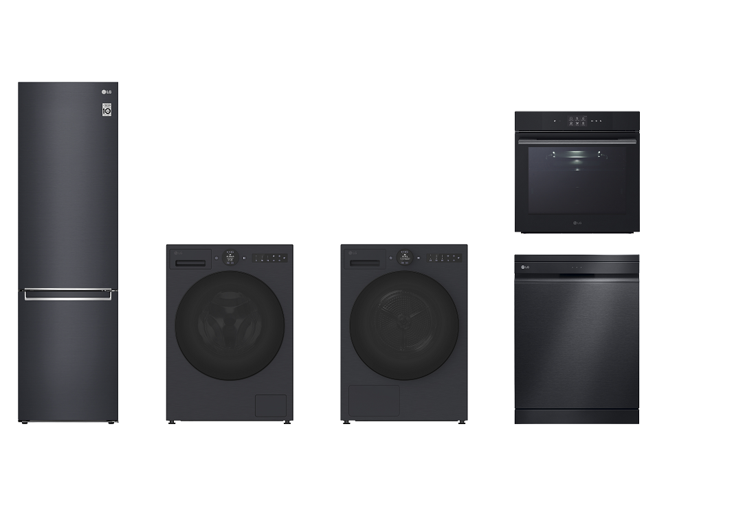 LG home appliances offering top-rated energy efficiency (from left, LG bottom freezer refrigerator, washing machine, tumble dryer, InstaView™ Oven and dishwasher