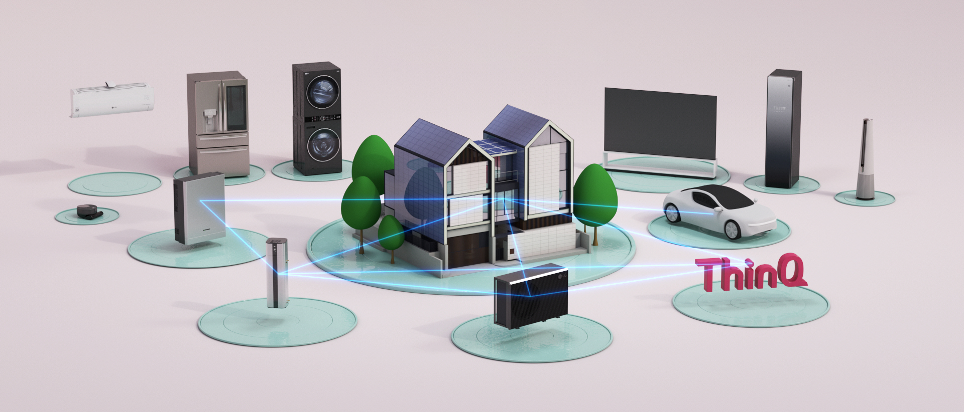 An image where various LG appliances are connected to a house with lines