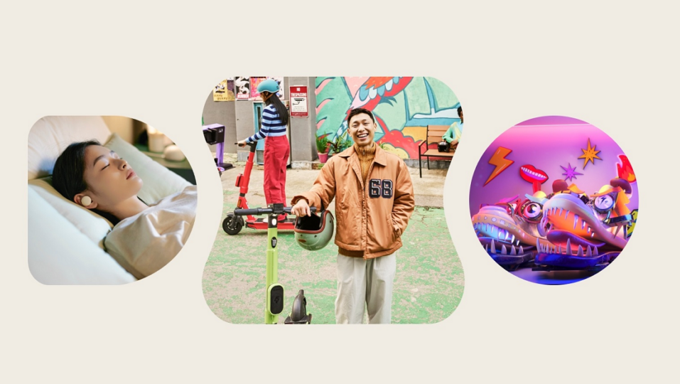 Three images including a woman using brid.zzz while sleeping, a man standing with a pluspot's scooter and Monshoecl products