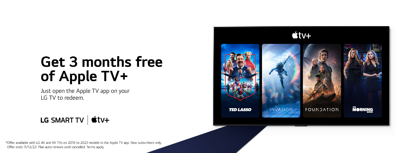 A promotional image for a three-month free trial of Apple TV+ on LG Smart TV, showing the home screen with various popular Apple TV+ content.