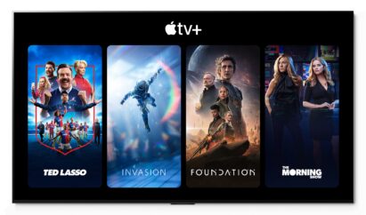 The home screen of Apple TV+ with various Apple TV+ shows displayed including Ted Lasso and Invasion