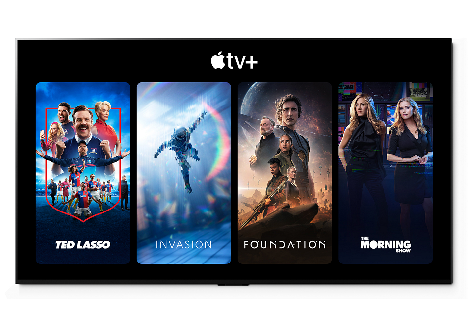 The home screen of Apple TV+ with various Apple TV+ shows displayed including Ted Lasso and Invasion