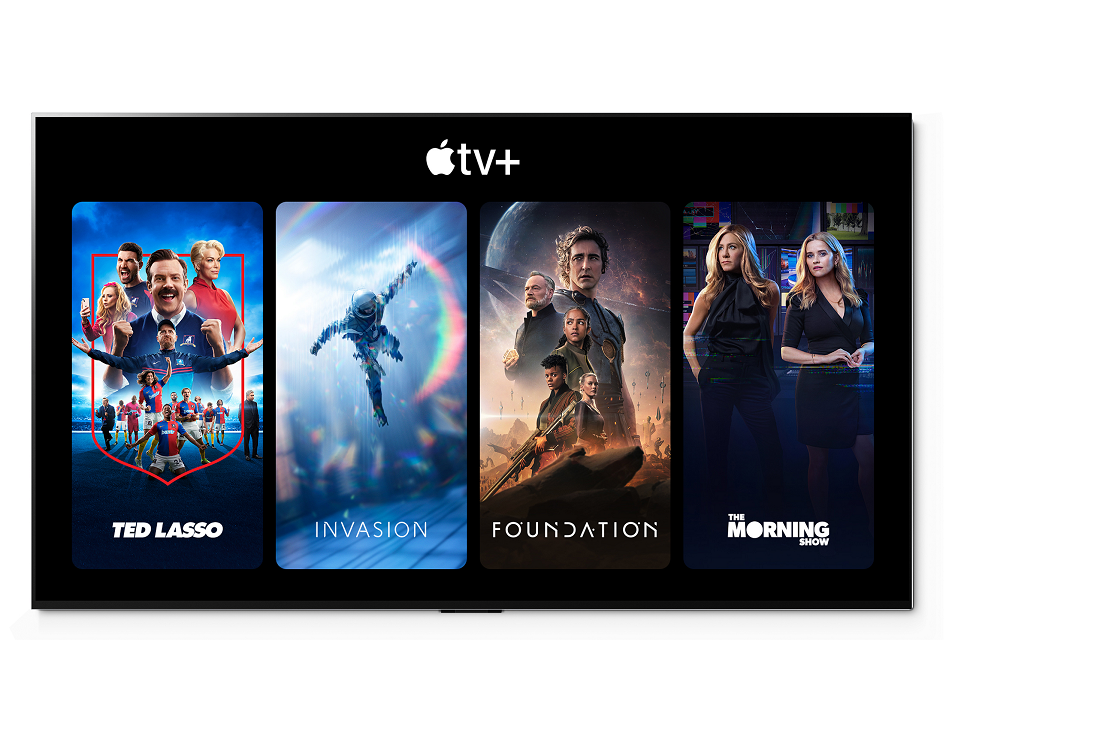 The home screen of Apple TV+ with various Apple TV+ shows displayed including Ted Lasso and Invasion